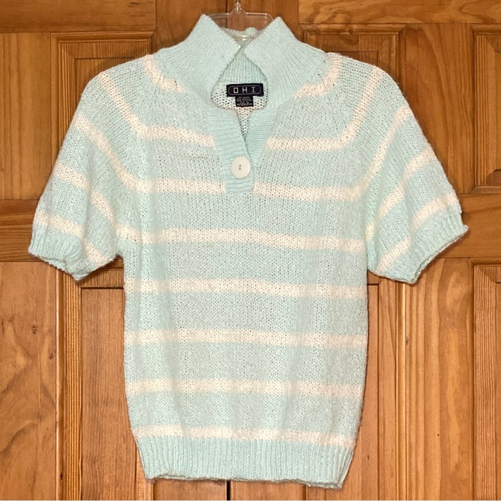 NWOT OHI Vintage 80s Sweater Short Sleeve Blue White Size M Medium